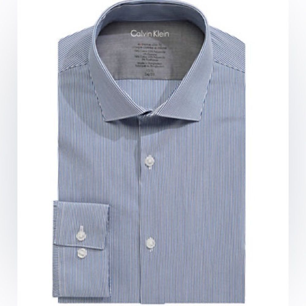 Calvin Klein Striped Cotton Dress Shirt-BLUE-15.5-34/35 Extreme Slim Fit